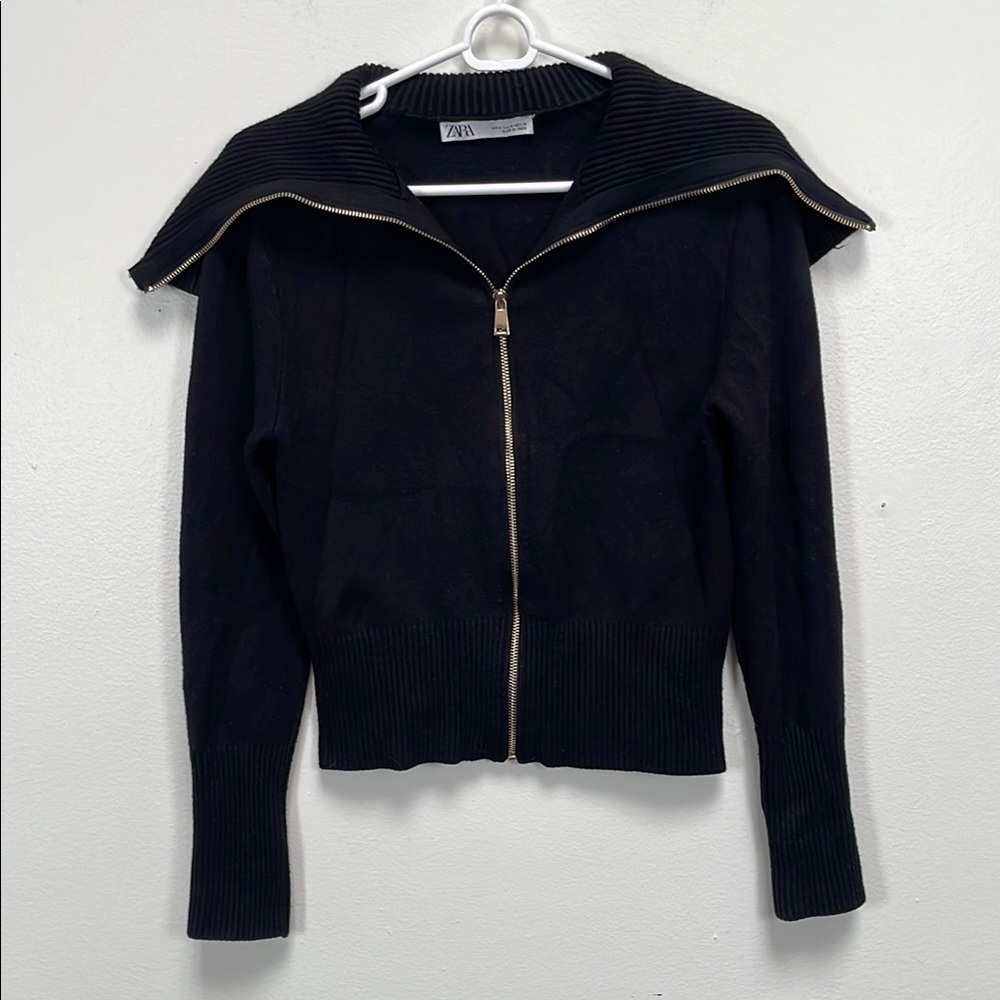 Zara Black Knit Cardigan with High Collar and Brass Zipper